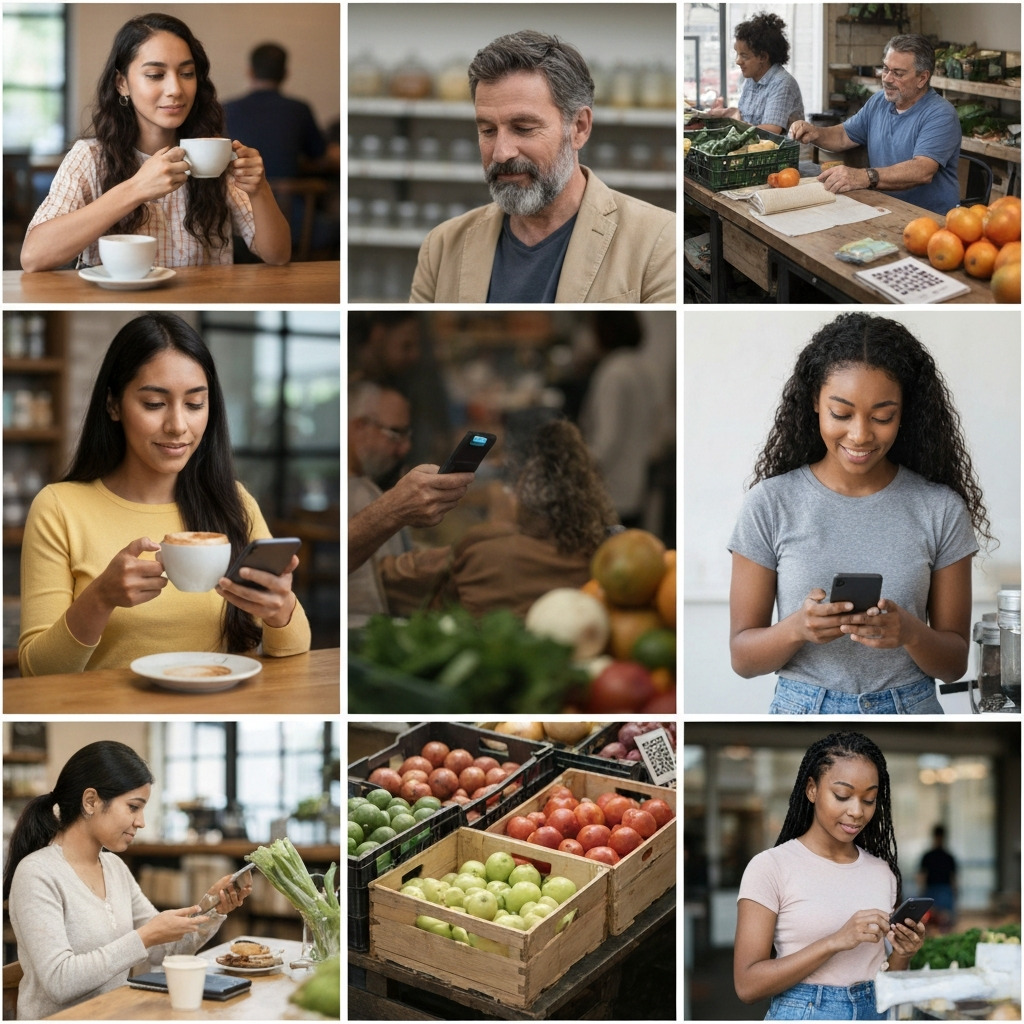 Diverse group of consumers using various alternative payment methods including mobile wallets, bank transfers, and QR payments