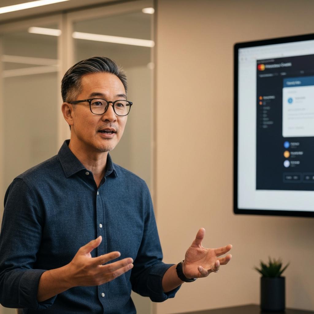 Professional business professional reviewing digital payment dashboard in a modern office with natural lighting