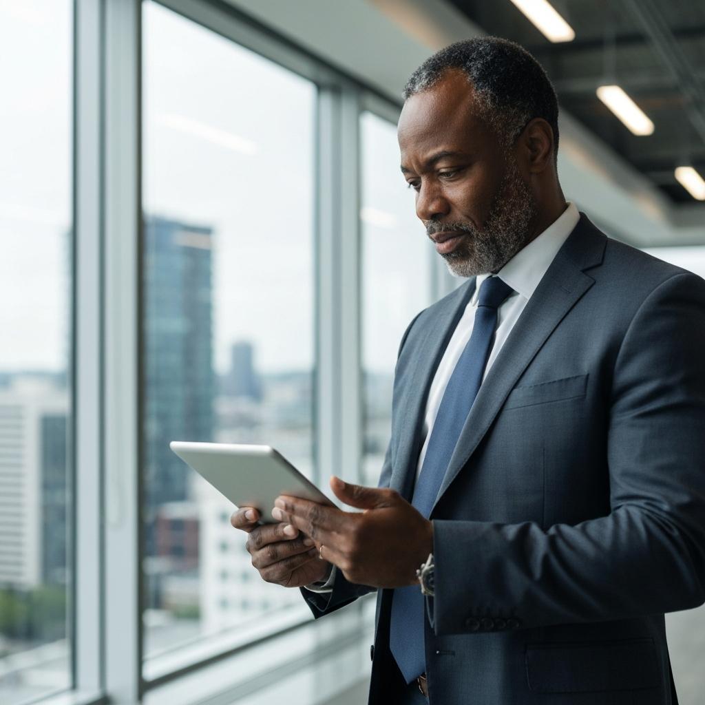 Professional fintech entrepreneur reviewing funding documents on a tablet in a modern office with natural lighting