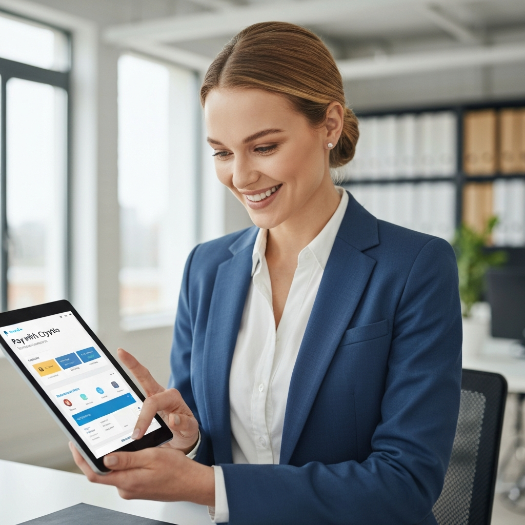 Business owner reviewing a successful payment notification on a tablet in a modern sunlit office