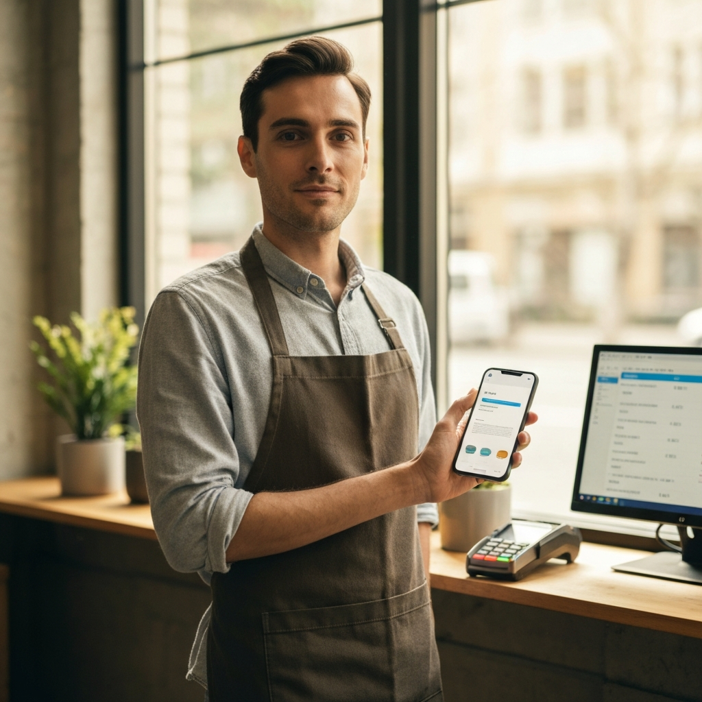 Small business owner holding a smartphone showing a payment confirmation in a sunlit office setting